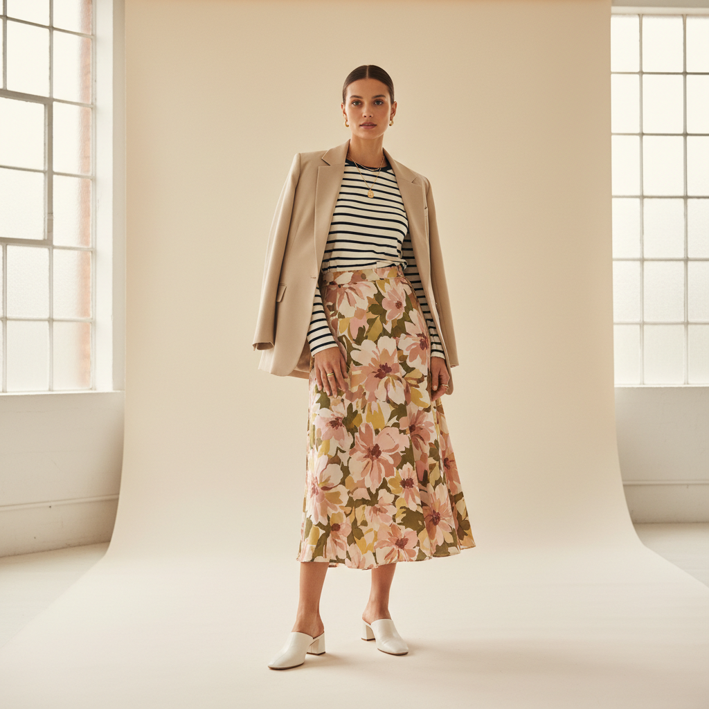 Print mixing outfit with stripes and florals balanced by neutral basics