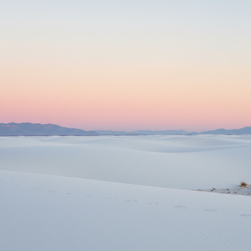 White gypsum sand dunes landscape in New Mexico under soft evening light
