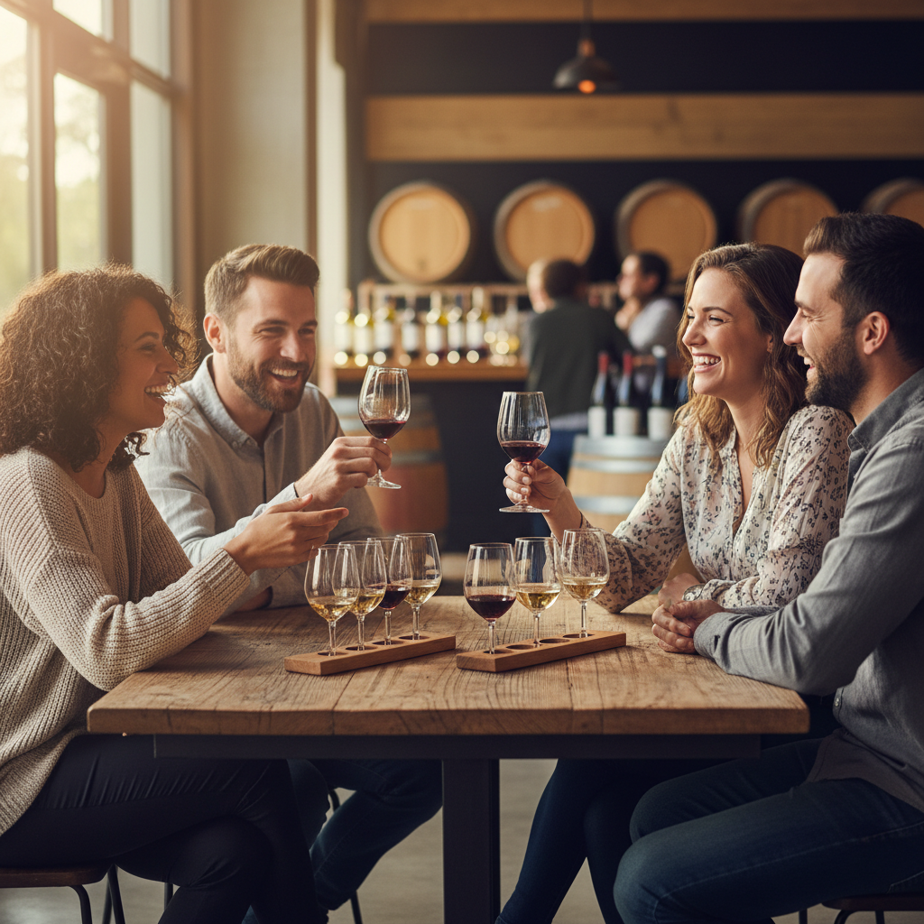 Friends sharing a wine flight at a tasting room table