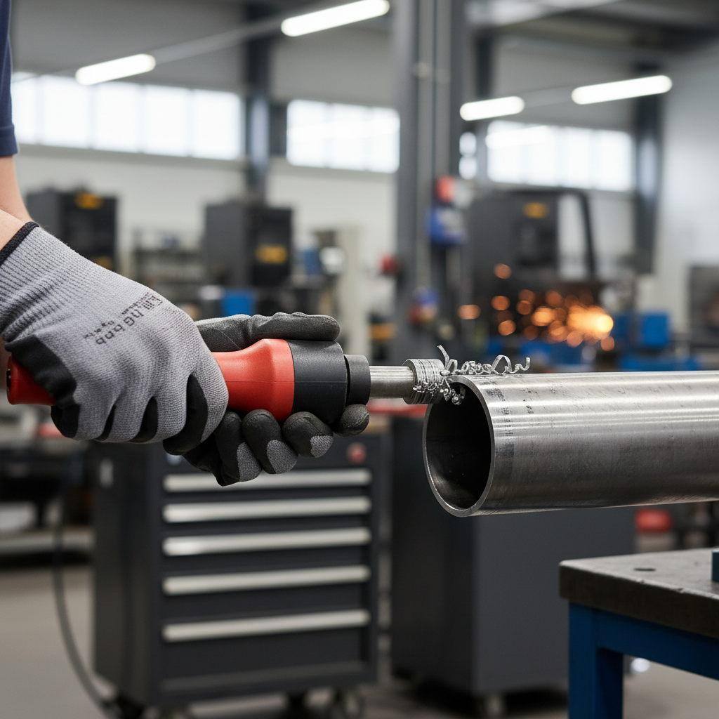 Technician using a pipe reamer tool to deburr a freshly cut pipe end