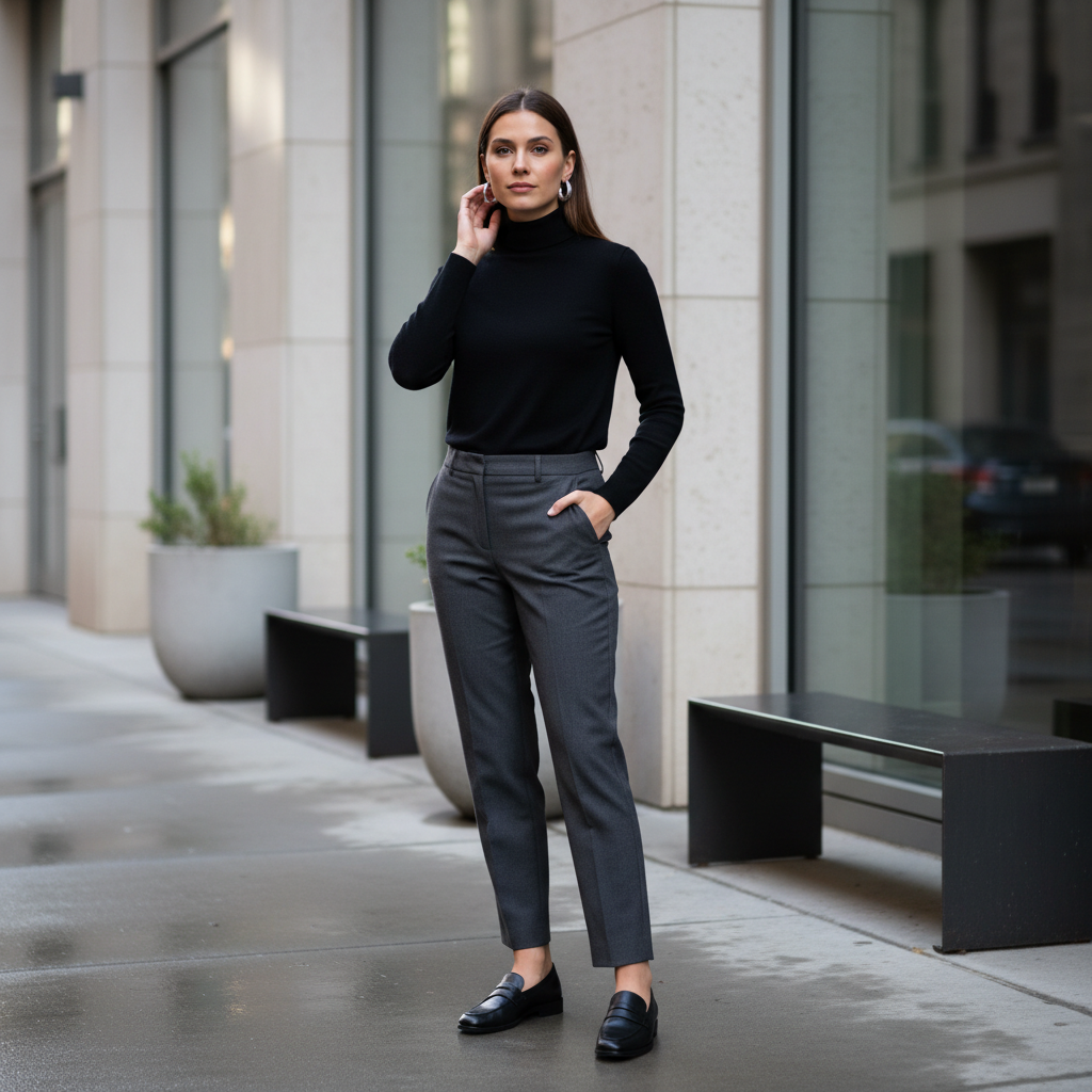 Medium hoop earrings with black turtleneck and tailored trousers