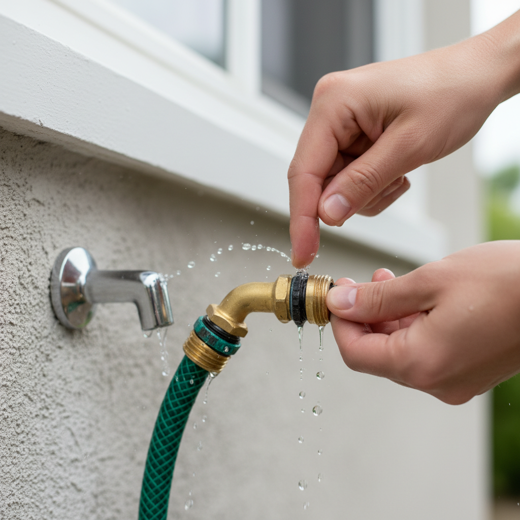 Homeowner checking a leaking hose connection at outdoor spigot