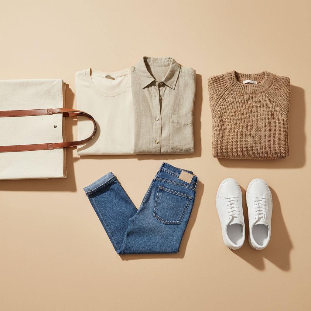 Minimal sustainable capsule wardrobe laid out with neutral basics and denim