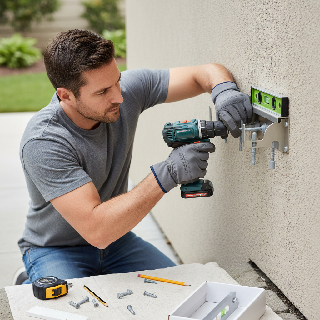Installing a metal wall mount hose hanger using a drill and level on an exterior wall