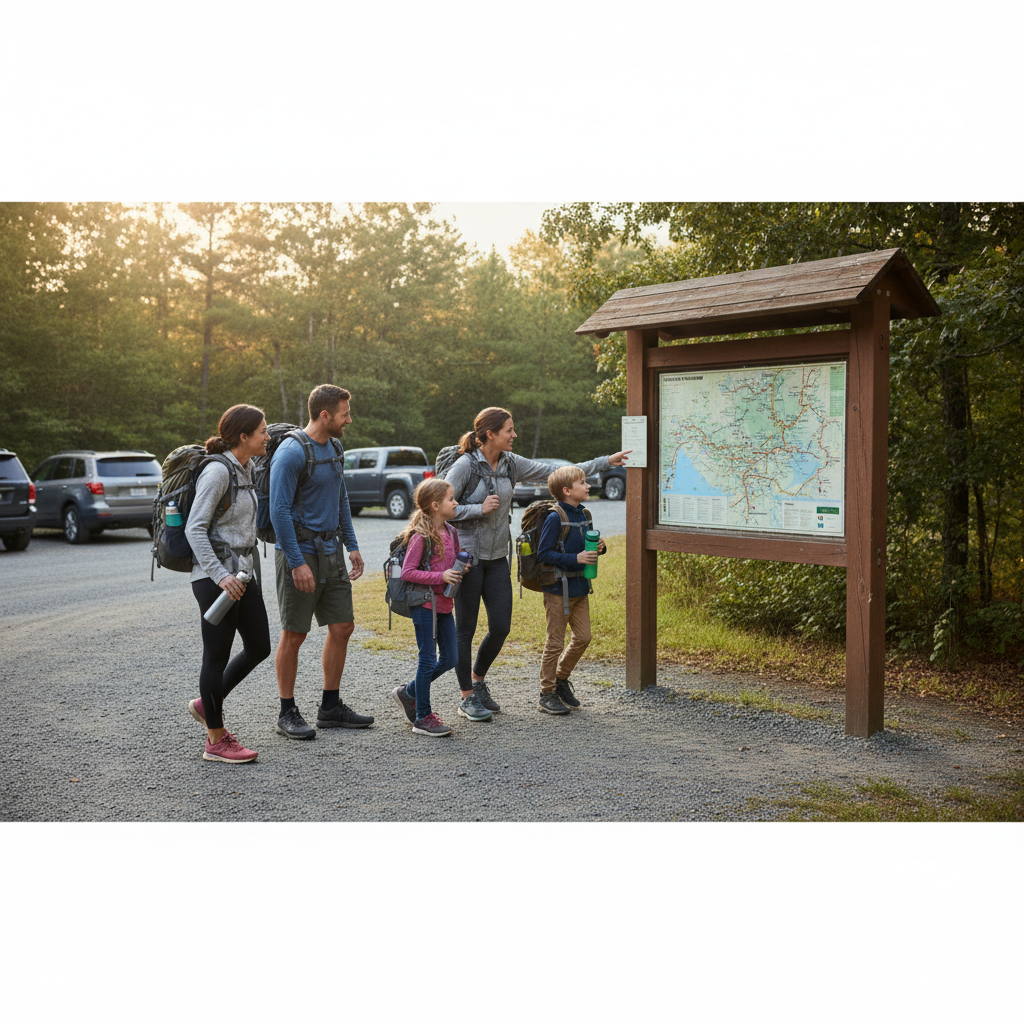 Family arriving at a state park trailhead for a local weekend trip