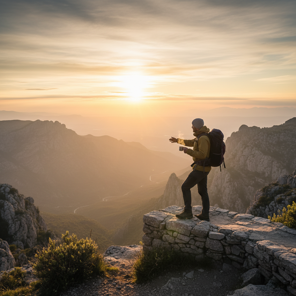 Traveler watching a colorful sunrise at a scenic overlook