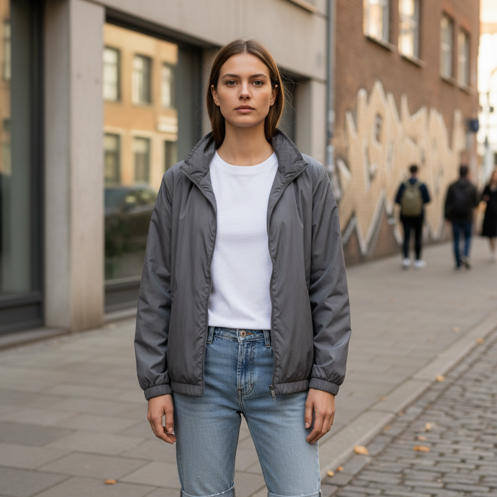 Street style outfit with a nylon jacket windbreaker layered over neutral basics