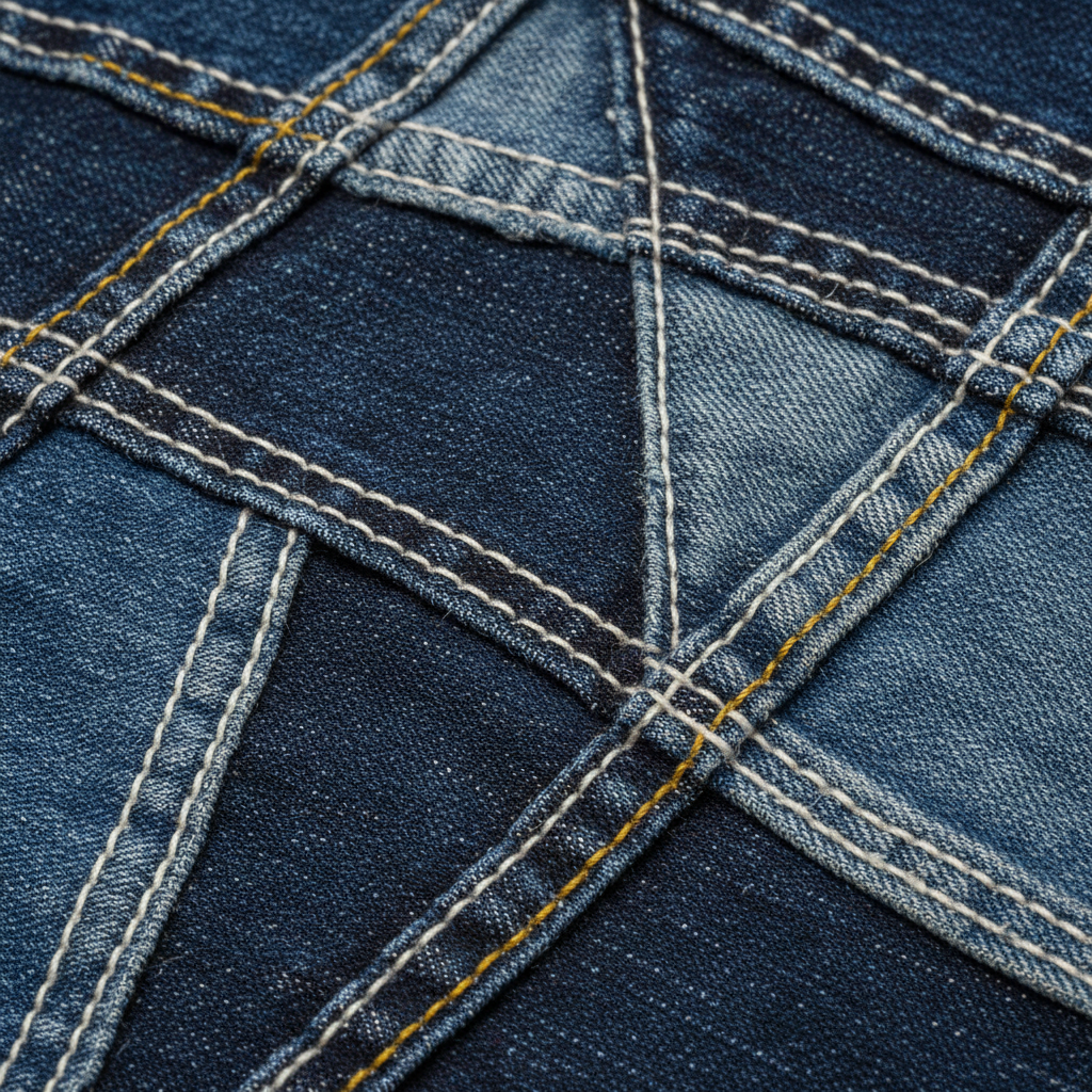 Close-up of upcycled denim patchwork stitching and seams
