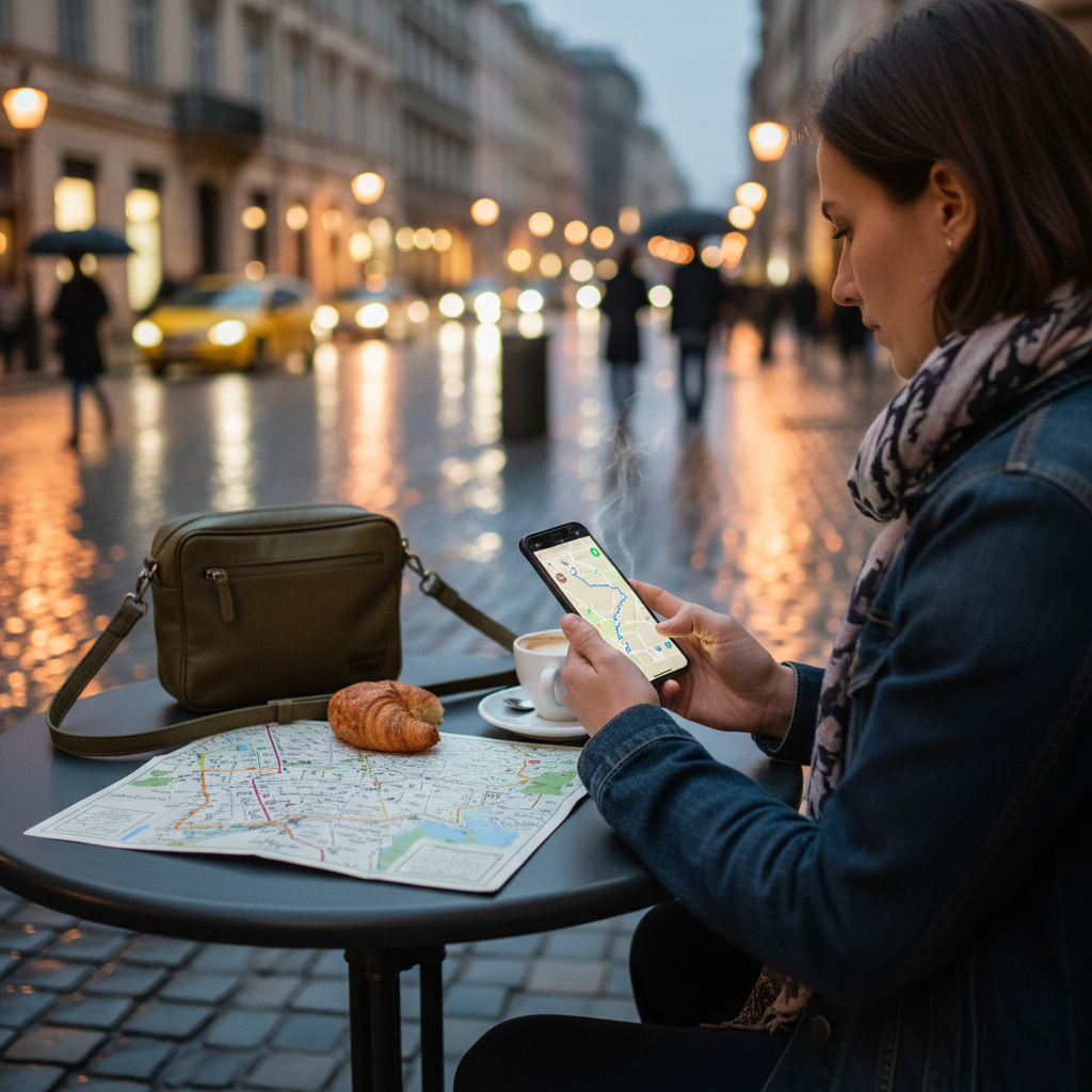 Traveler planning a safe night sightseeing route on a phone map