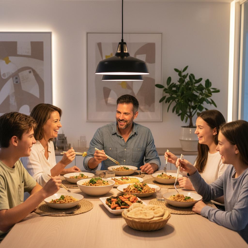 Traveler sharing a home-cooked meal with a host family during a homestay
