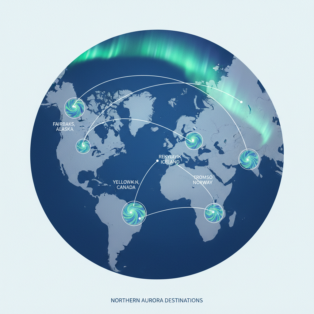 Map-style view of top northern lights destinations for US travelers