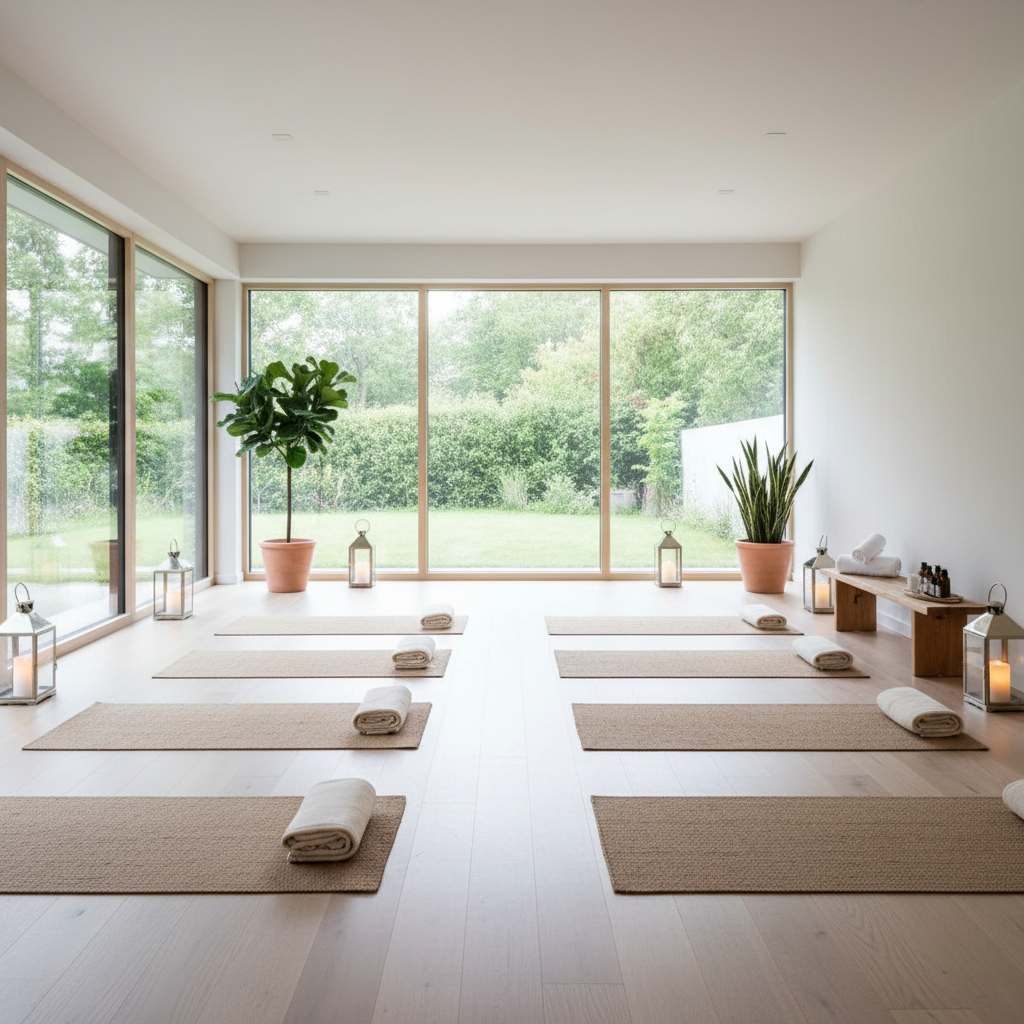 Quiet wellness retreat setting with yoga mats, candles, and natural light