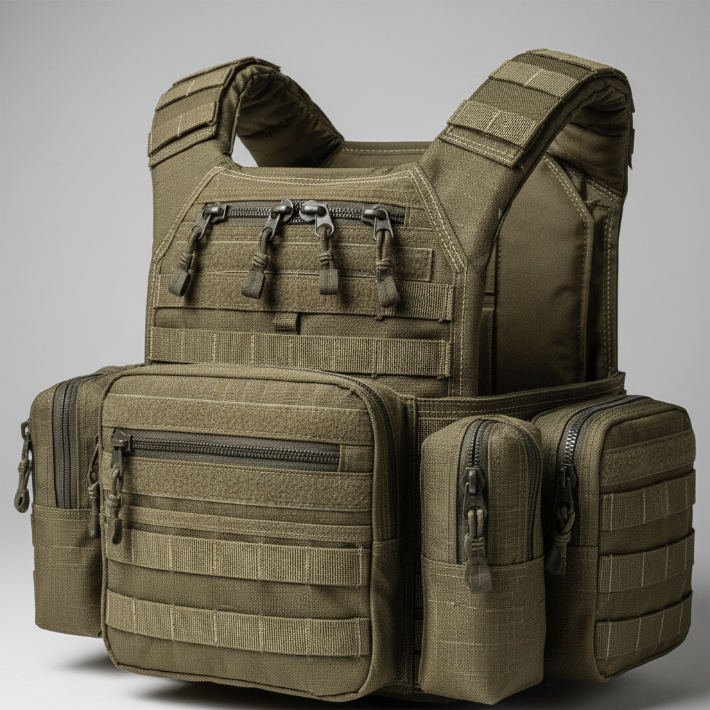 Close-up of tactical vest fabric, zippers, and pocket details