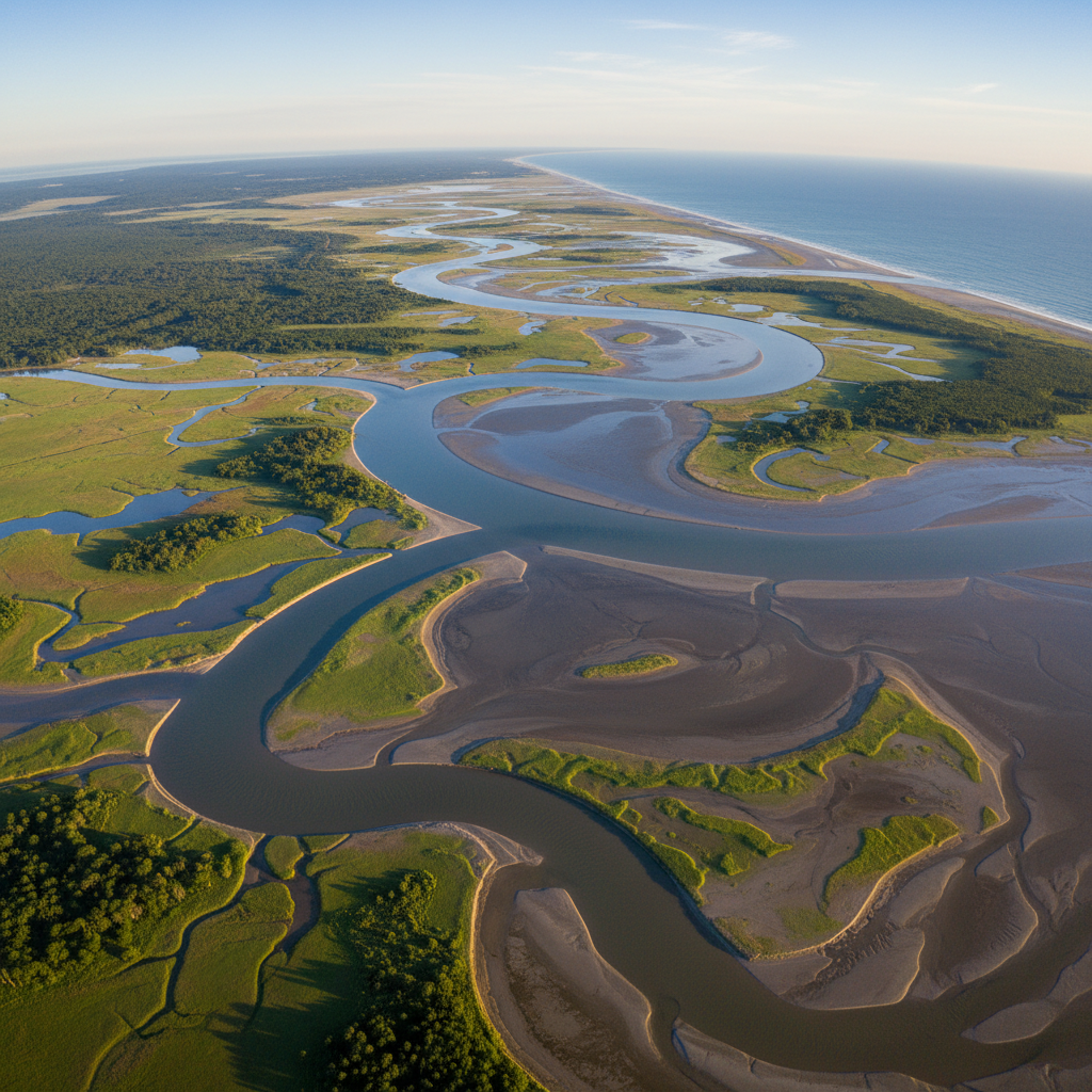 Aerial view of braided channels and marsh in a river delta