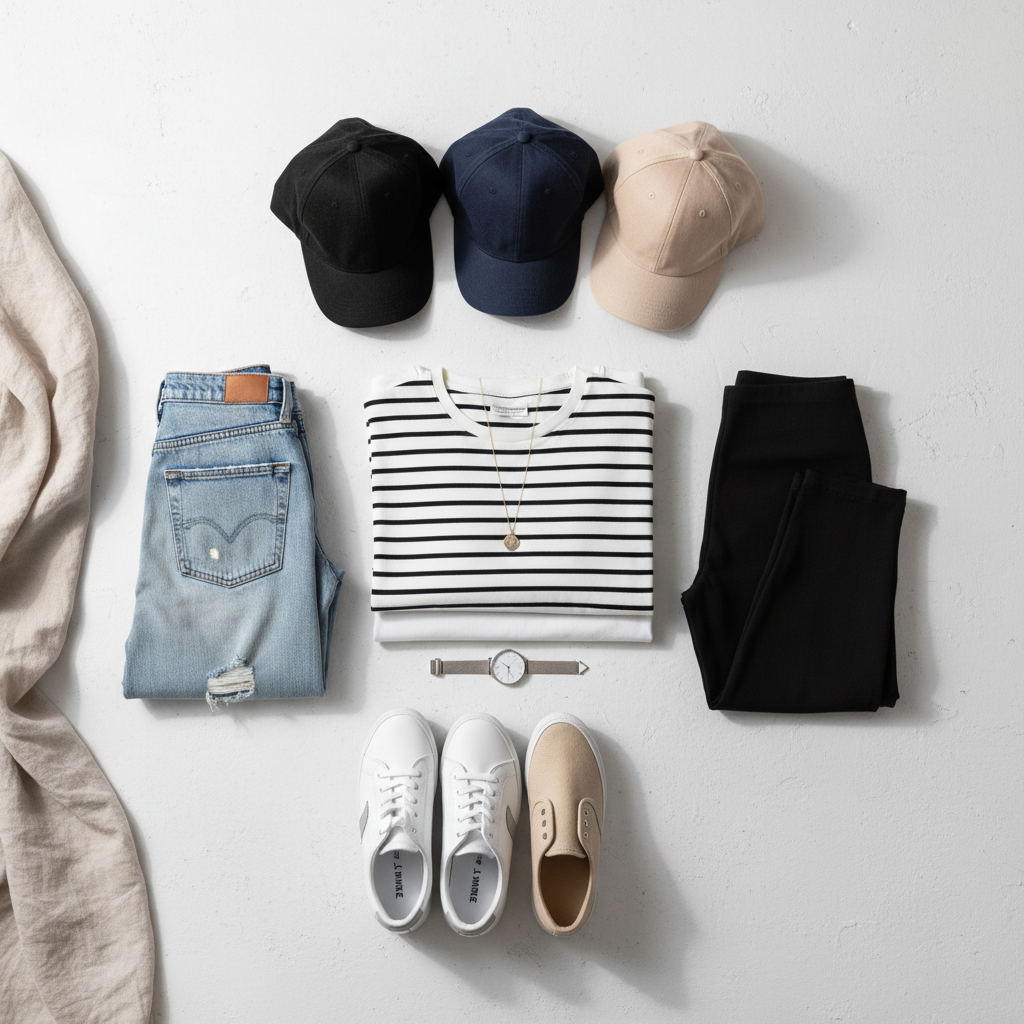 Neutral baseball cap capsule colors laid out with casual basics