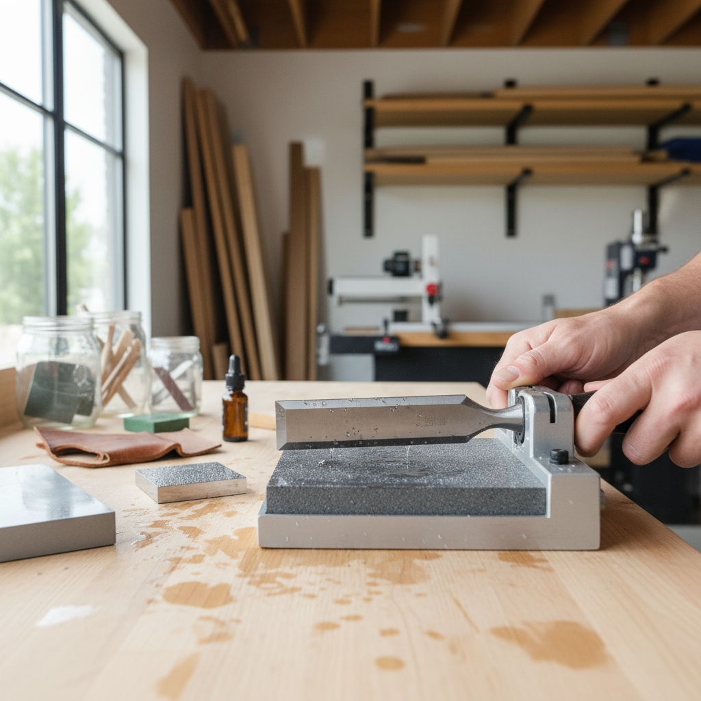 Sharpening a woodworking chisel on a diamond stone with honing guide