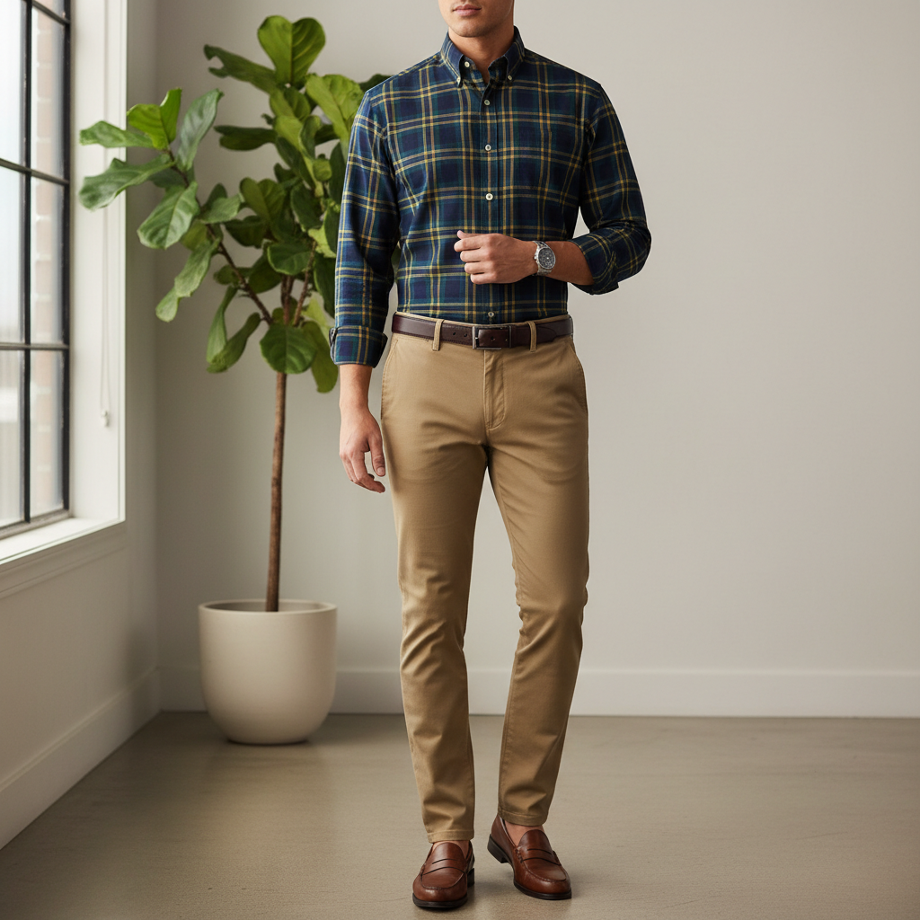 Casual plaid shirt tucked with chinos and loafers for smart casual