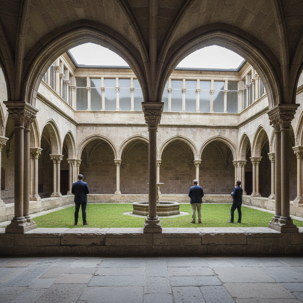 Interior of a quiet monastery cloister with visitors keeping distance