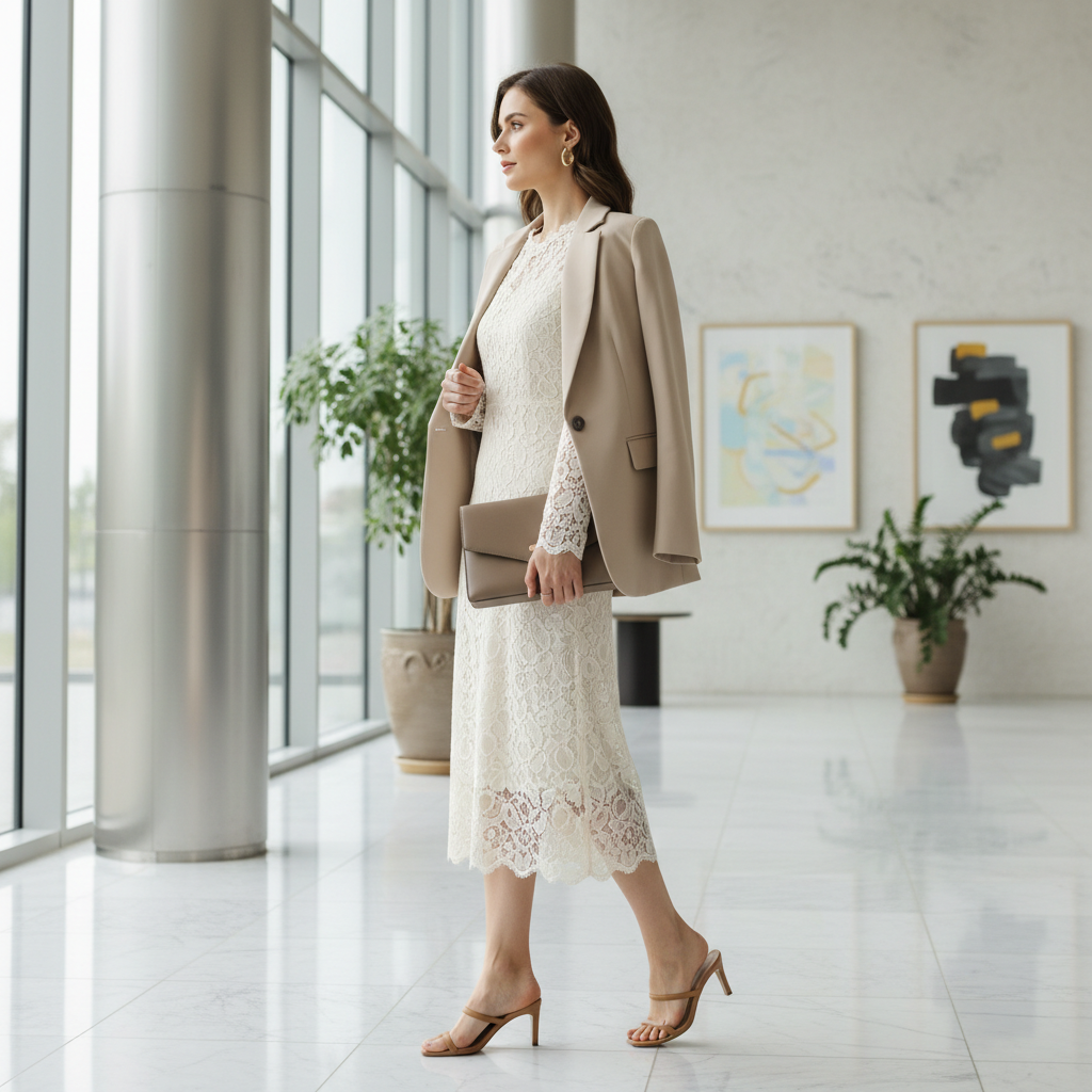 Romantic lace dress outfit with a structured blazer and minimalist heels