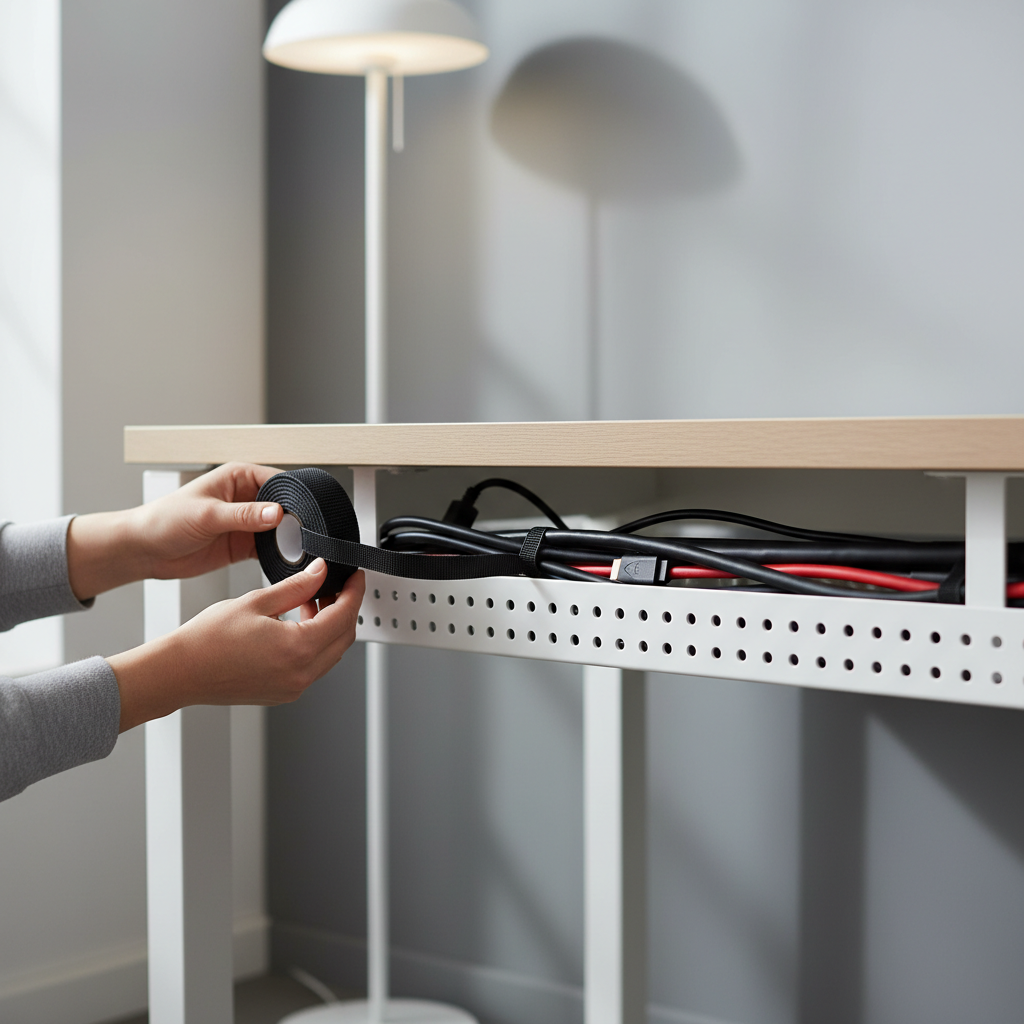 Hook and loop cable tie roll organizing cables under a desk