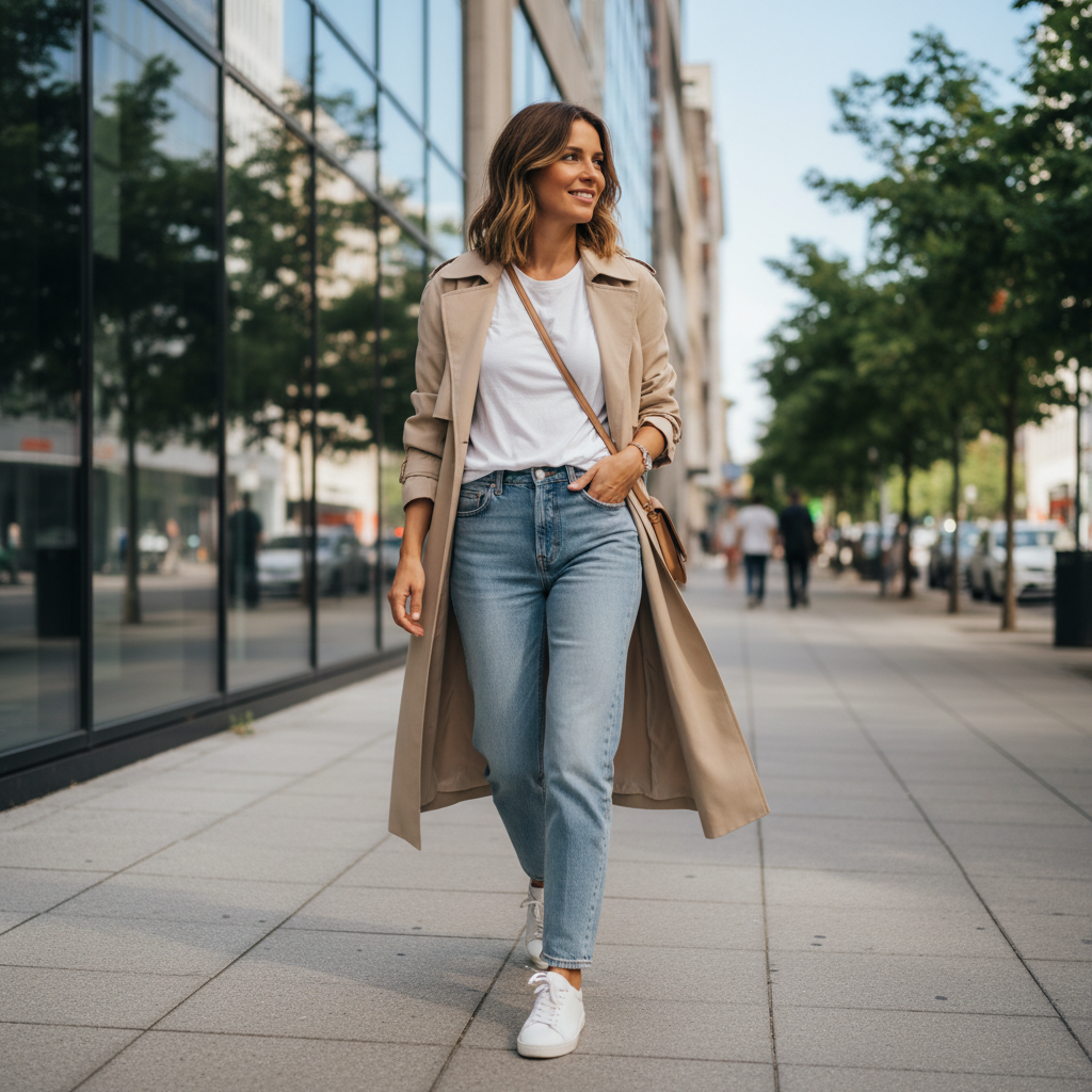 Effortless everyday outfit with neutral basics and clean sneakers