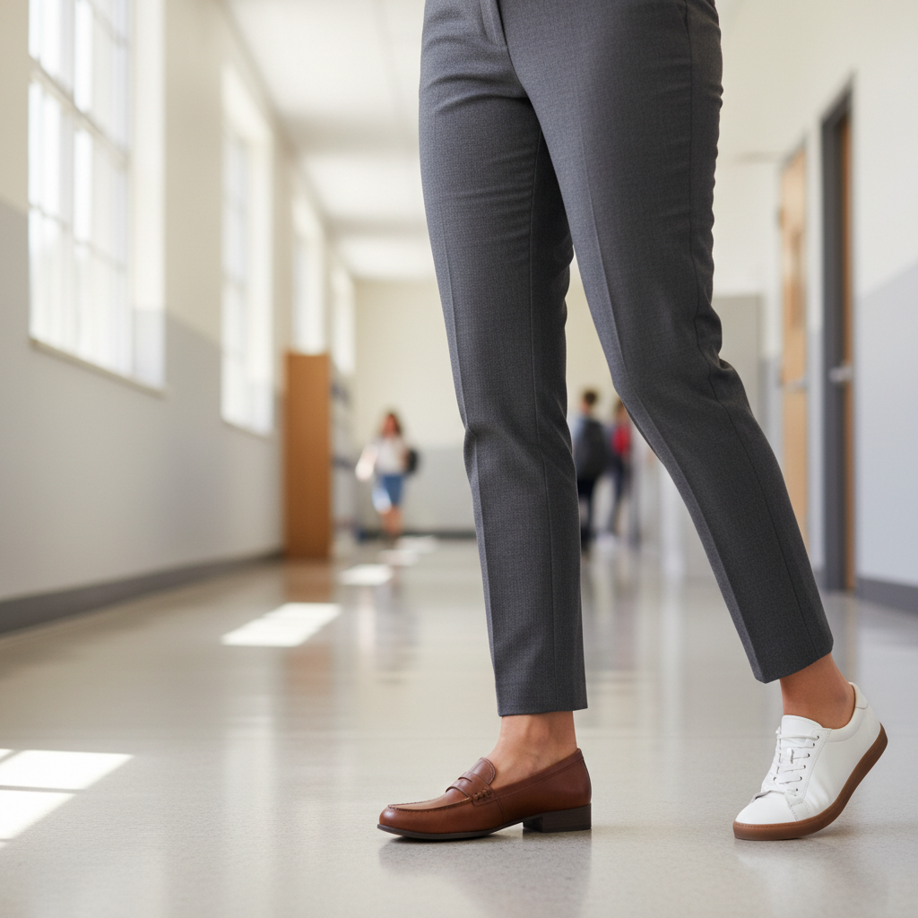 Comfortable professional shoes for teachers in a school hallway