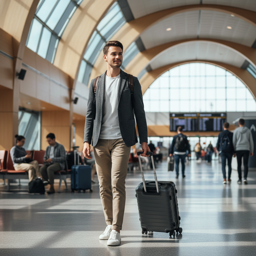 Business traveler wearing a knit blazer and travel trousers in an airport terminal