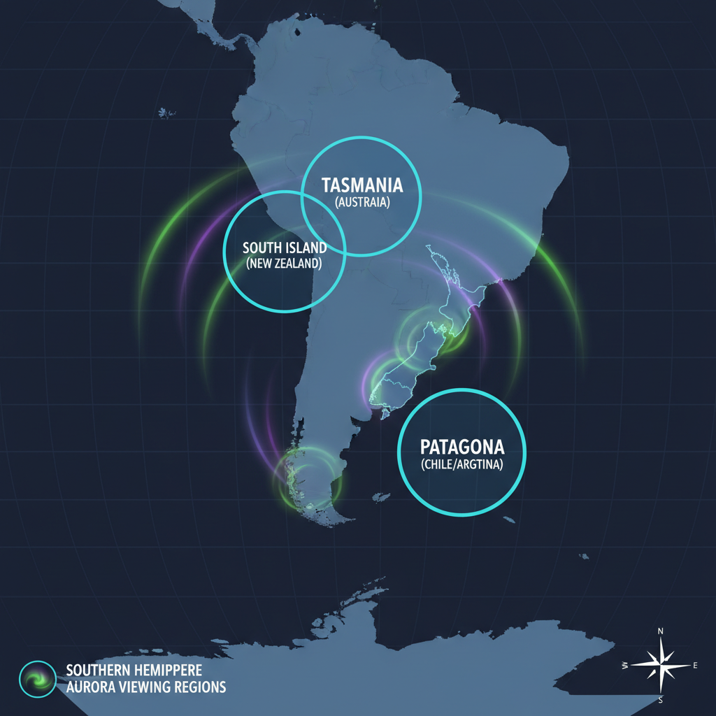 Southern lights travel map highlighting Tasmania, New Zealand, and Patagonia