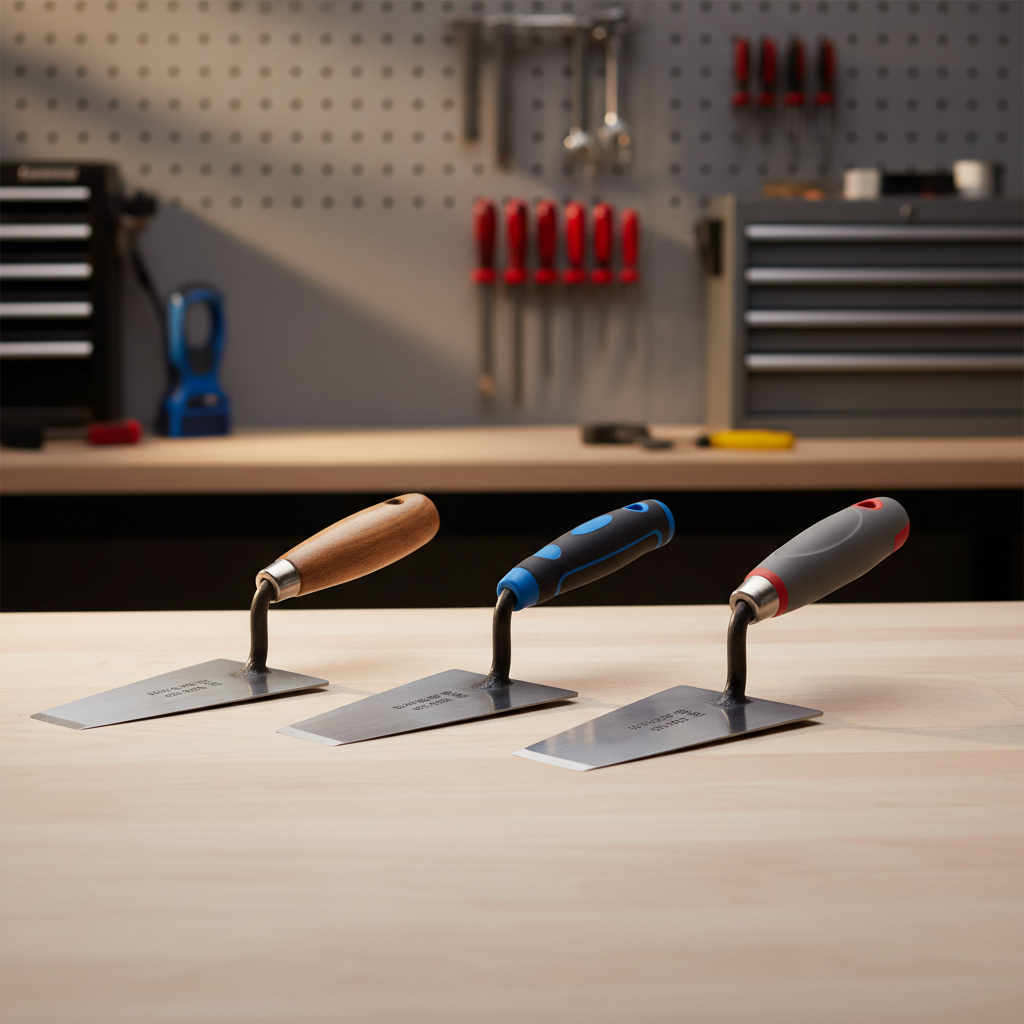 Different brick trowel sizes and handle styles comparison on workbench