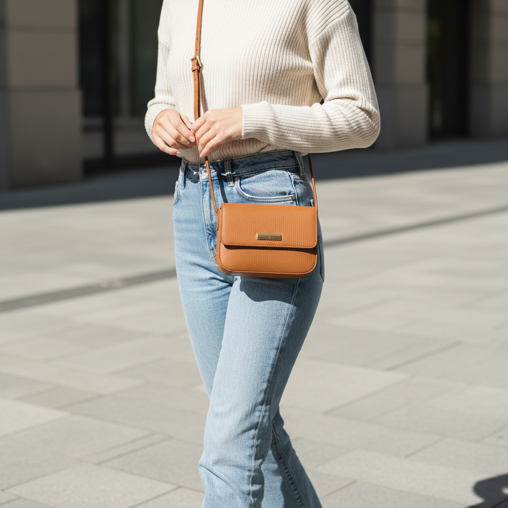 Women wearing a small leather crossbody bag while walking in a city