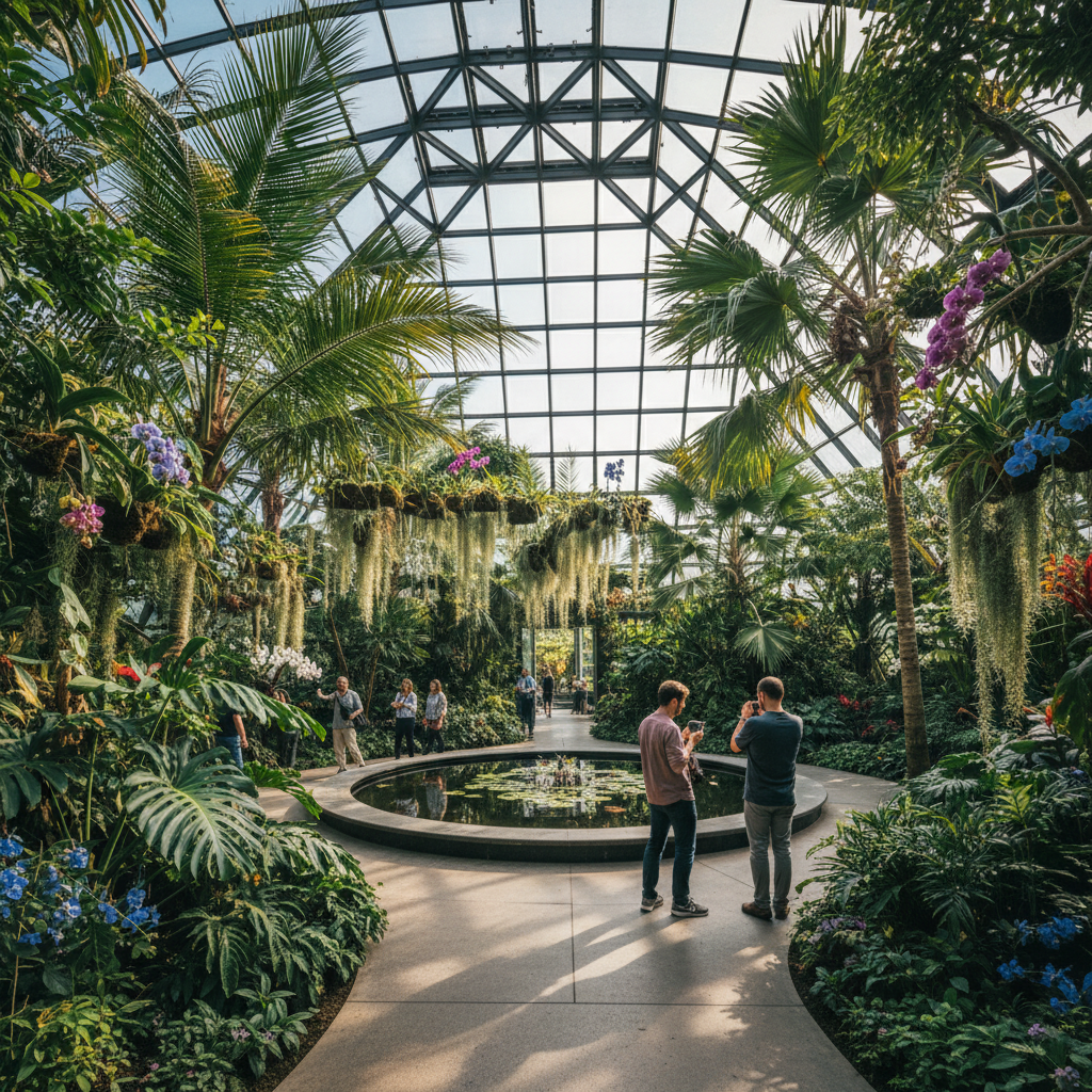 Conservatory interior with tropical plants and filtered sunlight