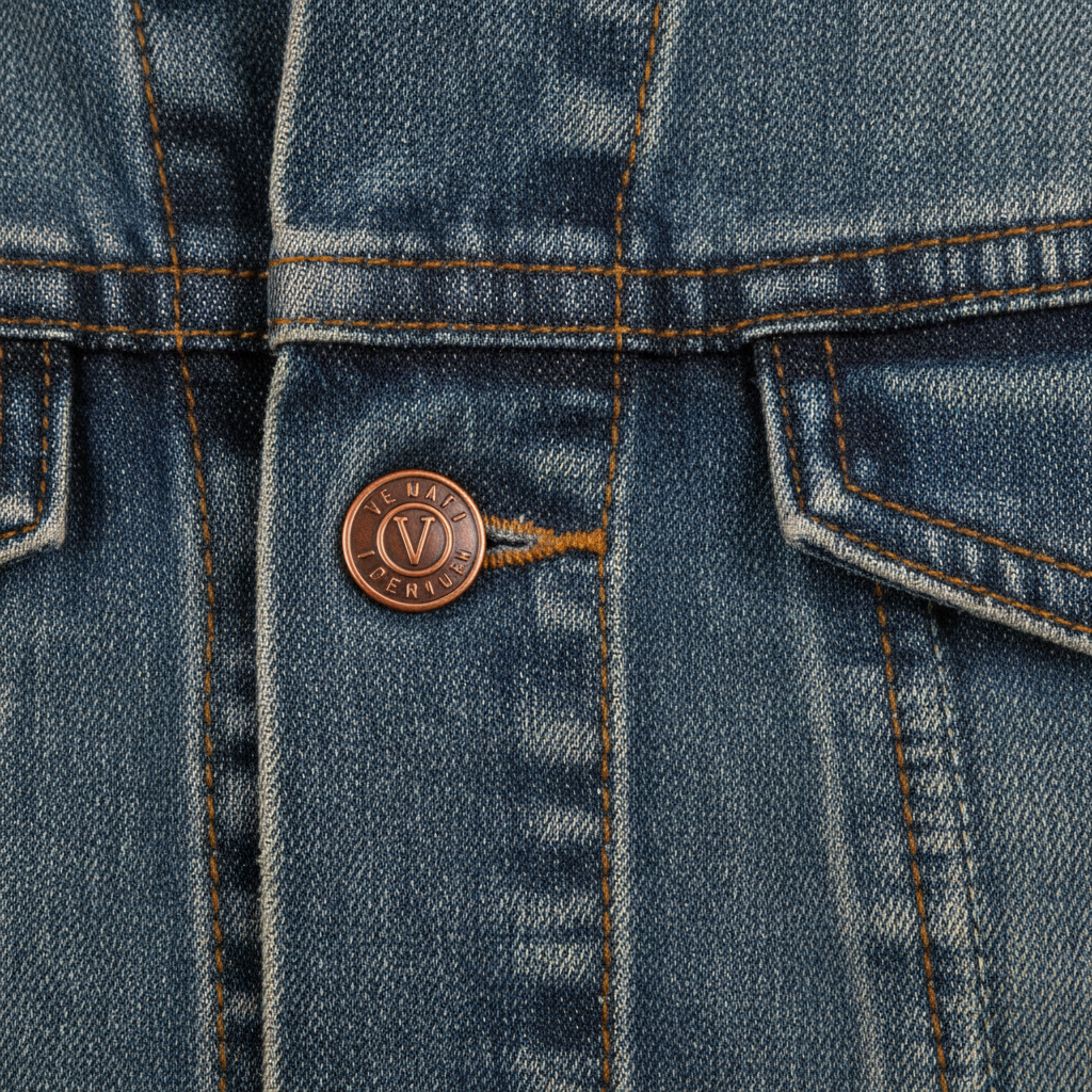 Close-up of vintage washed denim texture and stitching on a men denim jacket