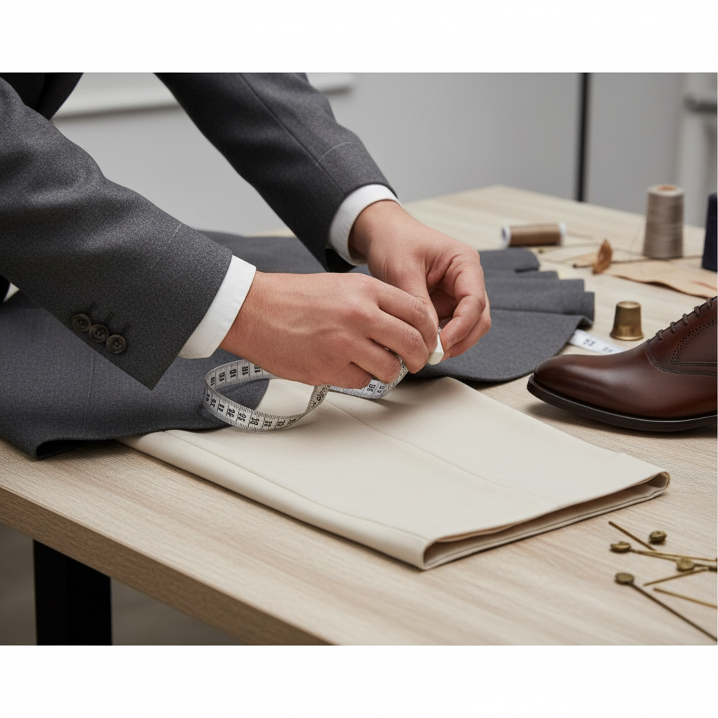Tailoring details on blazer sleeve and trouser hem for quiet luxury styling