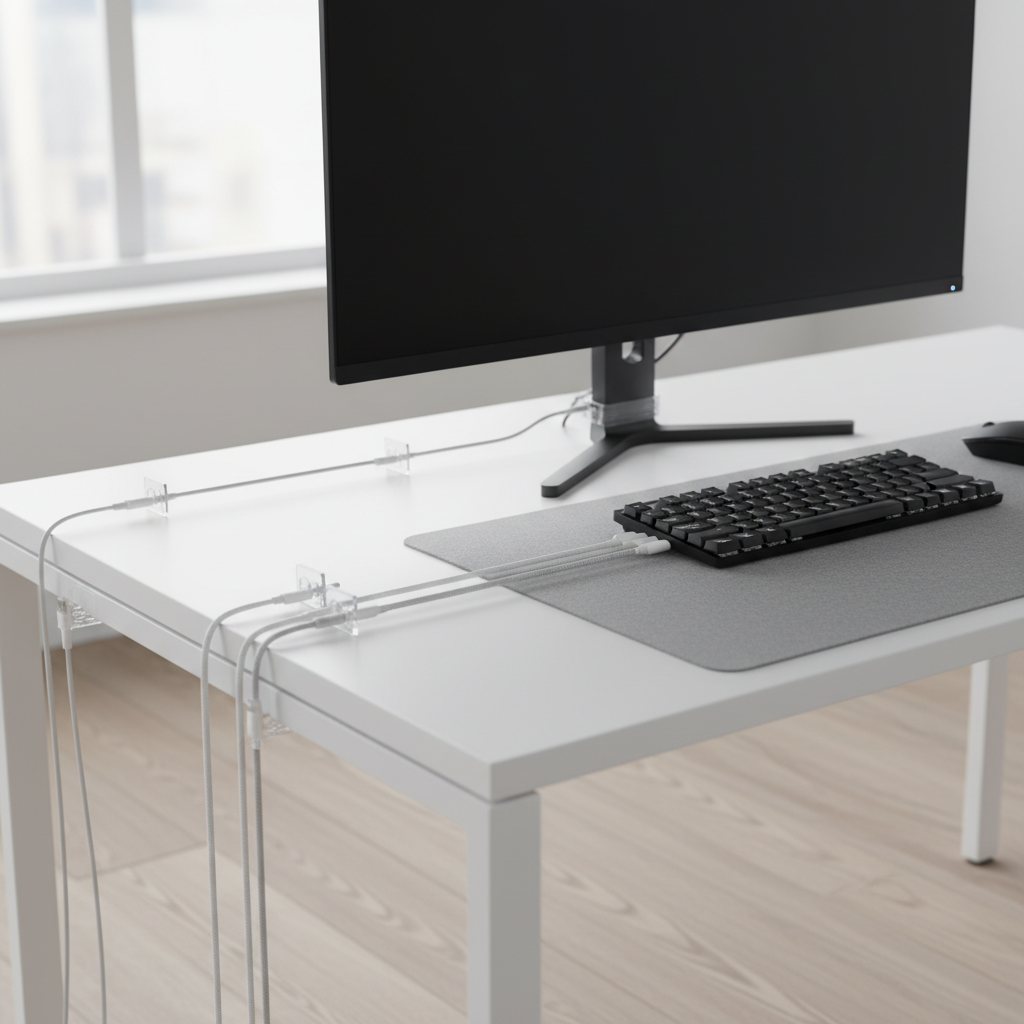 Clear self adhesive wire clips organizing cables on a white desk