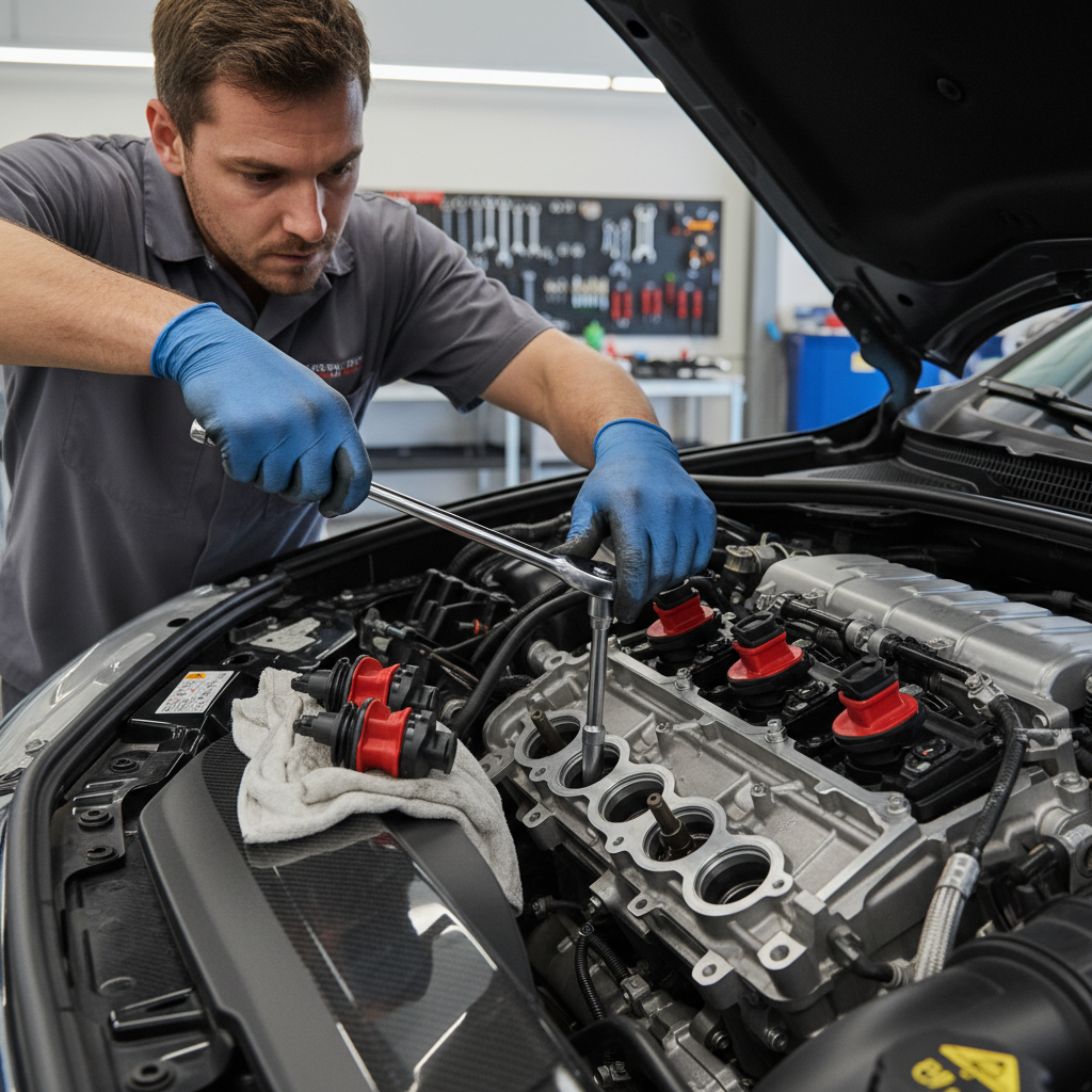 Mechanic removing a spark plug from a modern coil-on-plug engine using a spark plug socket
