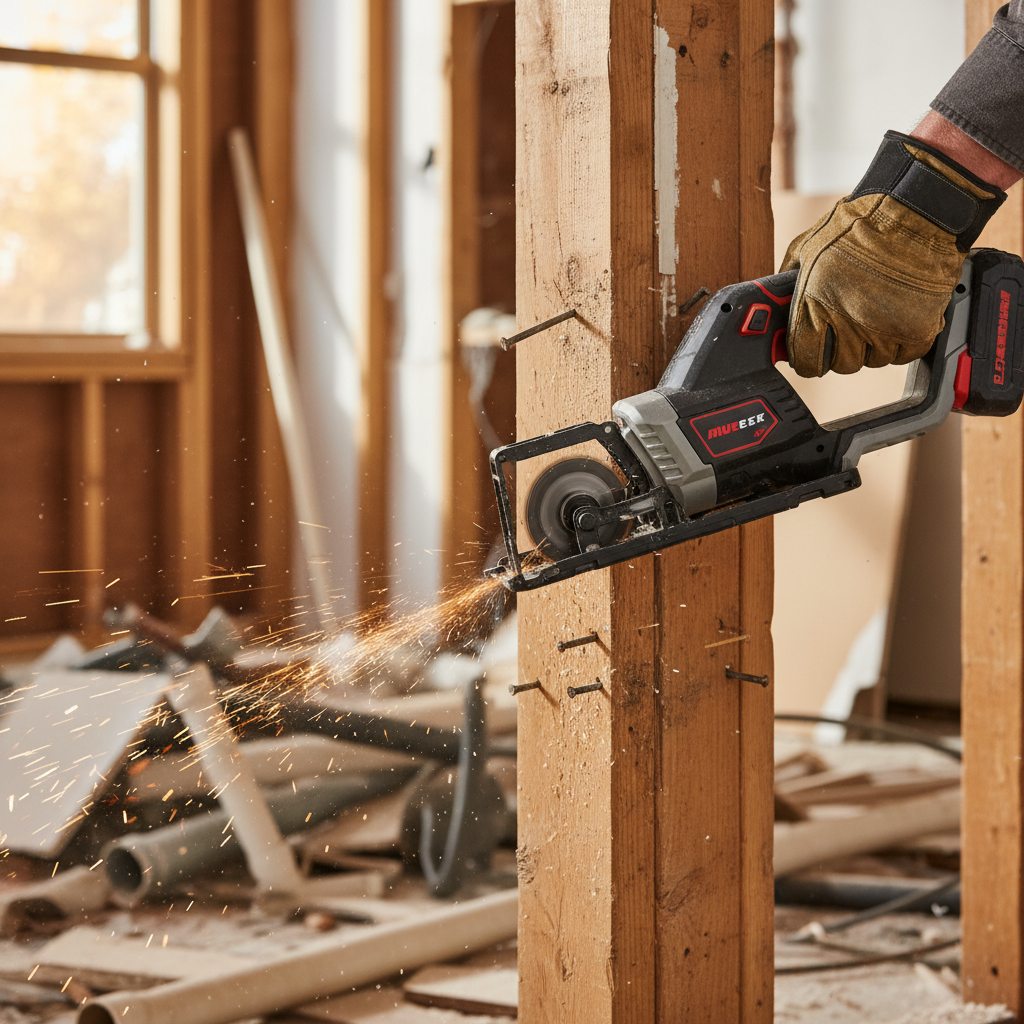 Reciprocating saw cutting through studs and nails during demolition