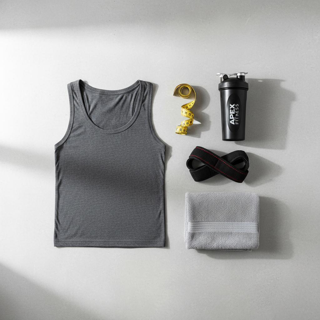 Gym flat lay of men’s tank top with tape measure and training accessories