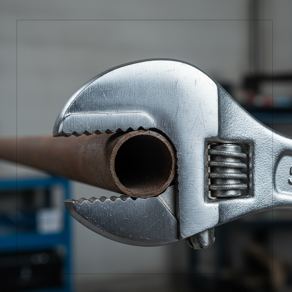 Close-up of pipe wrench jaw teeth and adjustment nut showing proper grip setup