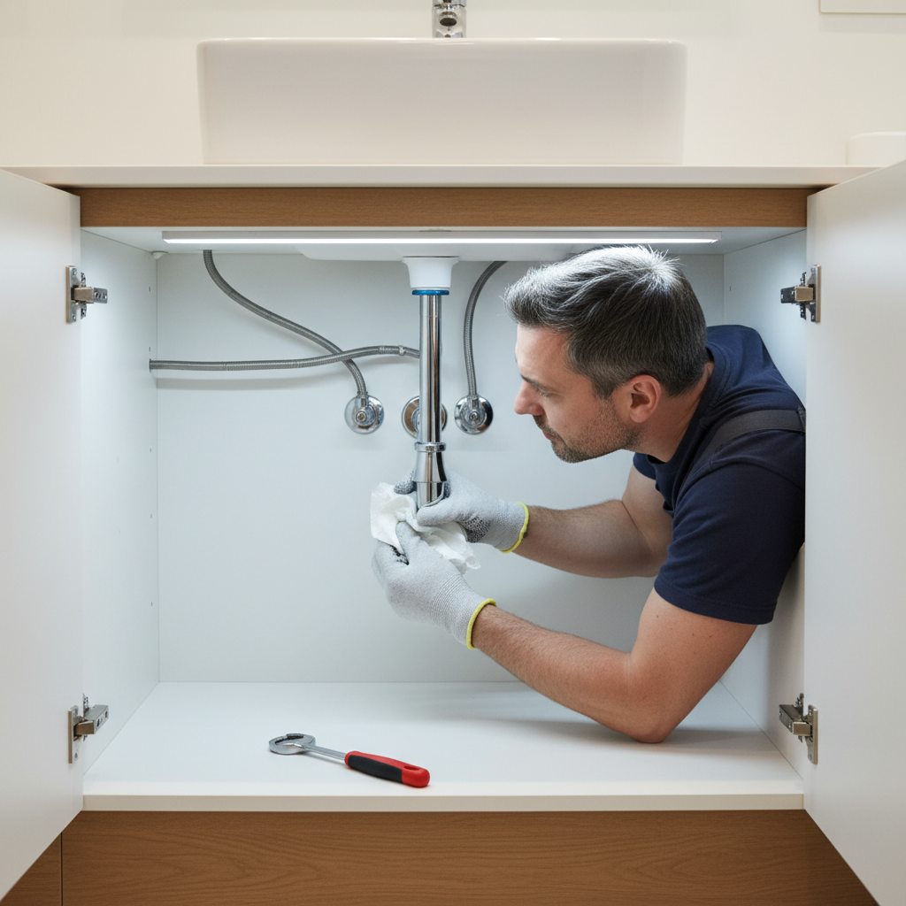 Checking for leaks under a bathroom sink after tightening faucet hardware