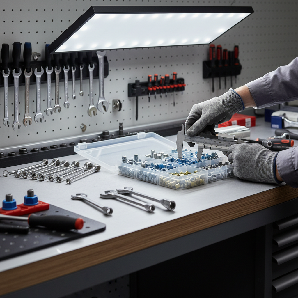 Mechanic selecting a nyloc nut size using a thread gauge on a workbench