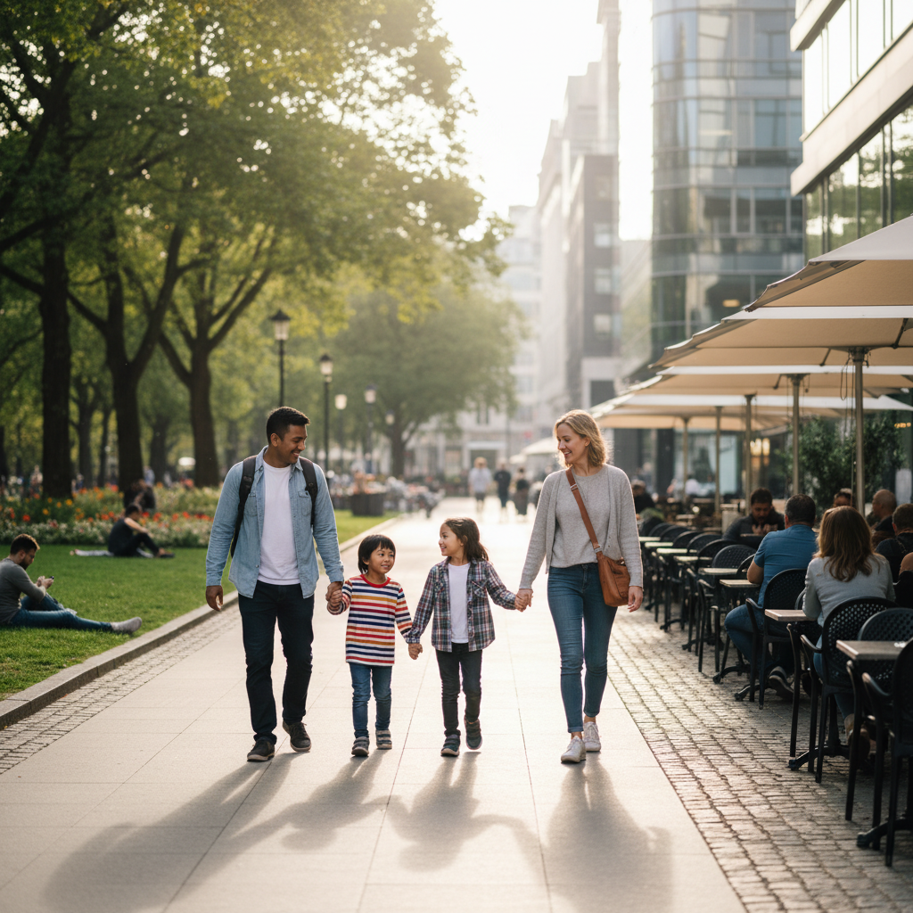 Family walking in a kid-friendly downtown near a park and cafes
