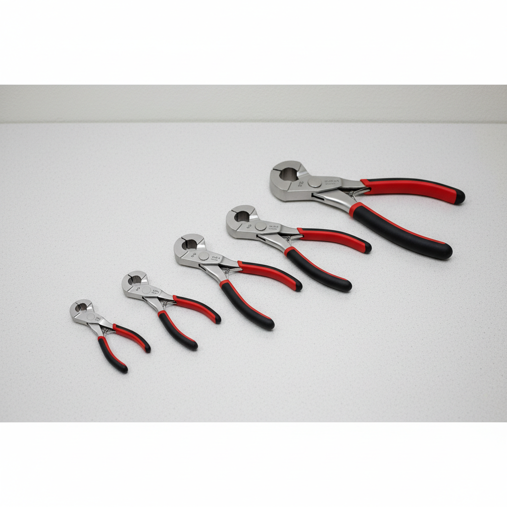 Different sizes of hose pinch off tool pliers laid out on a workbench