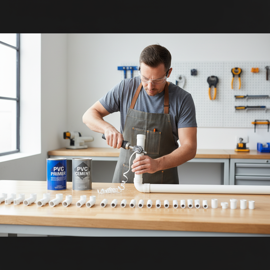 Technician preparing PVC pipe ends and lining up fittings for a clean solvent-weld connection