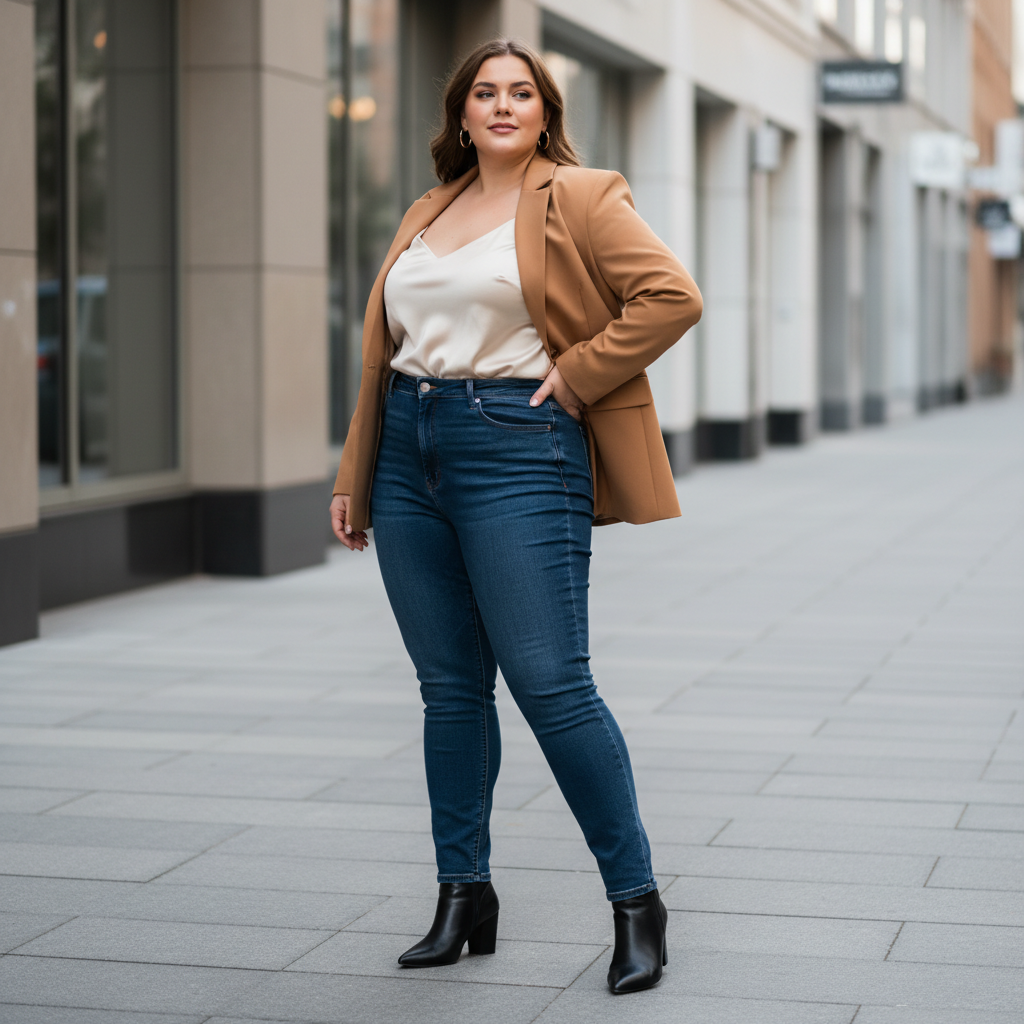 Flattering curvy outfit formula with jeans, blazer, and heeled boots