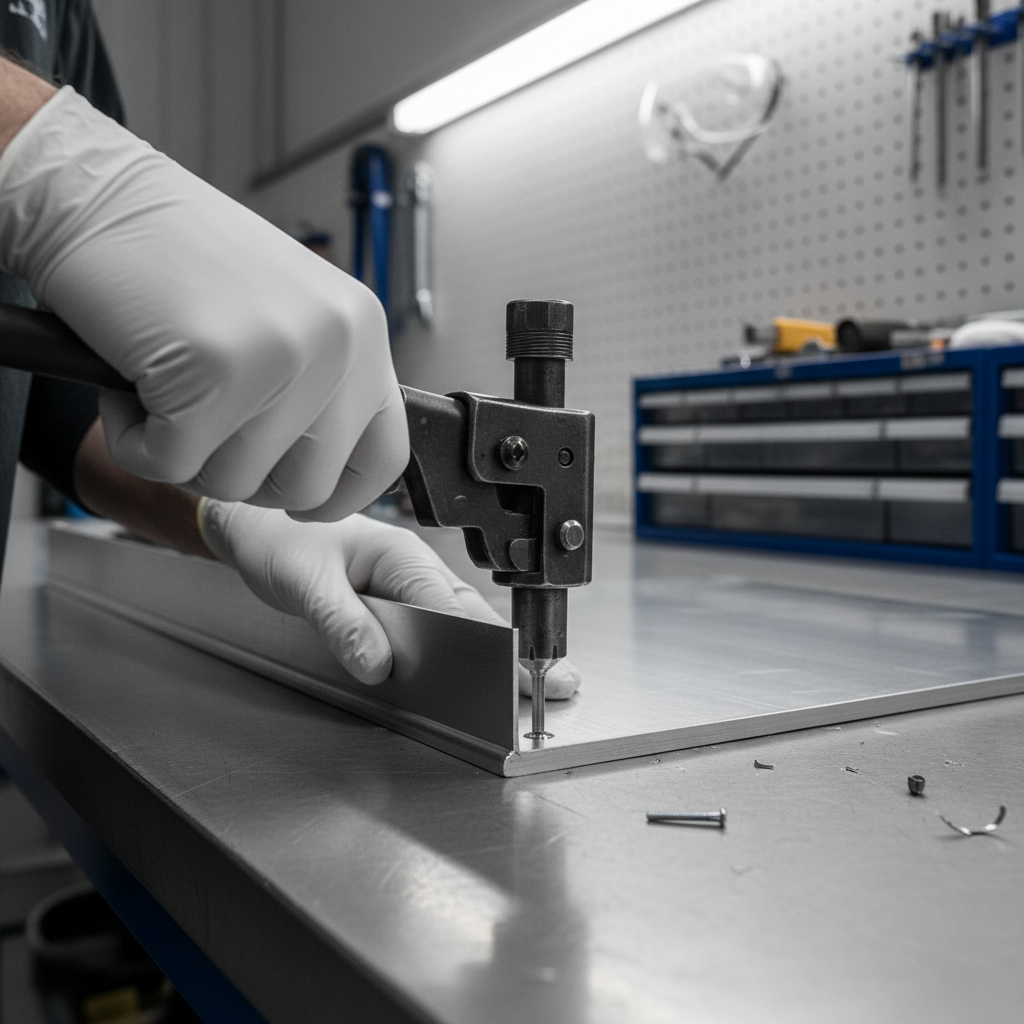 Technician using a hand rivet tool to set a blind rivet in sheet metal