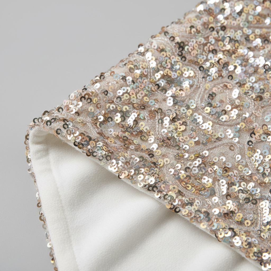 Close-up of sequin fabric with lining and stitching details for comfort