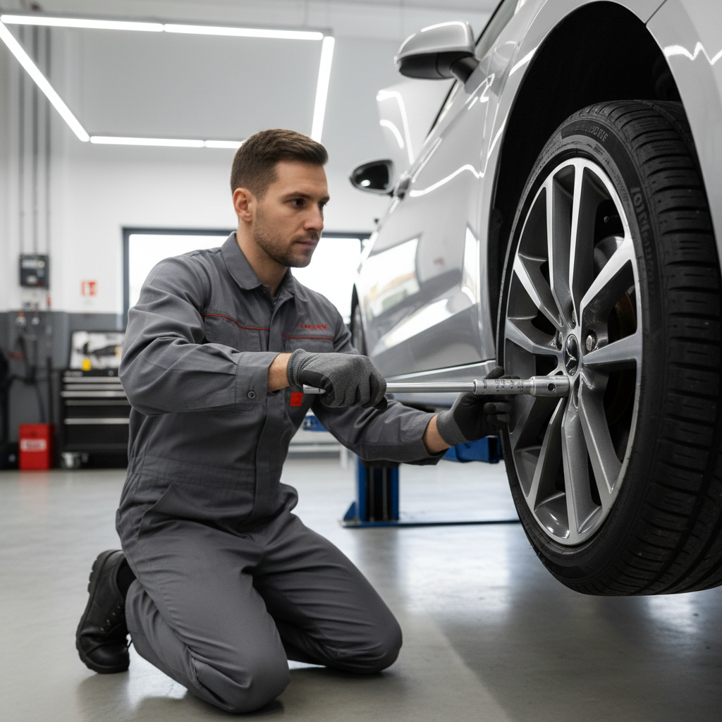 Mechanic using a torque wrench on car wheel lug nuts in a garage