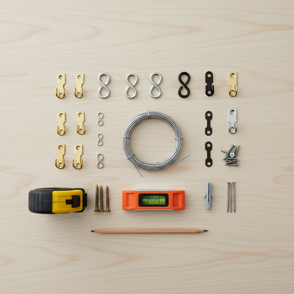 Home picture hanging hardware including D-rings, wire, nails, and a small magnetic level