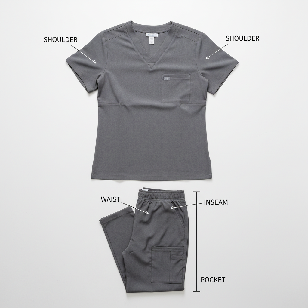 Scrubs fit checklist showing shoulders, waist, and inseam in a flat lay