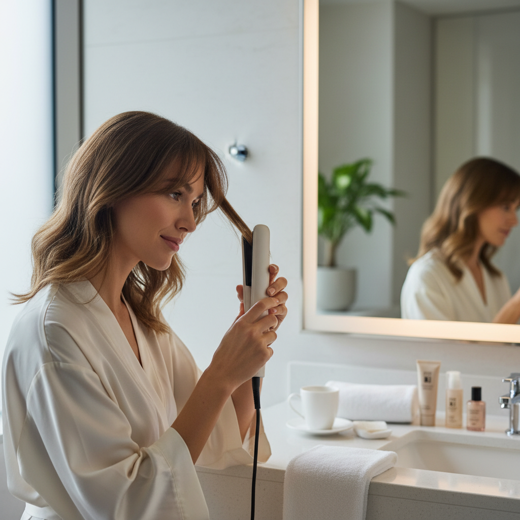 Mini travel hair straightener used for quick touch ups in a hotel bathroom